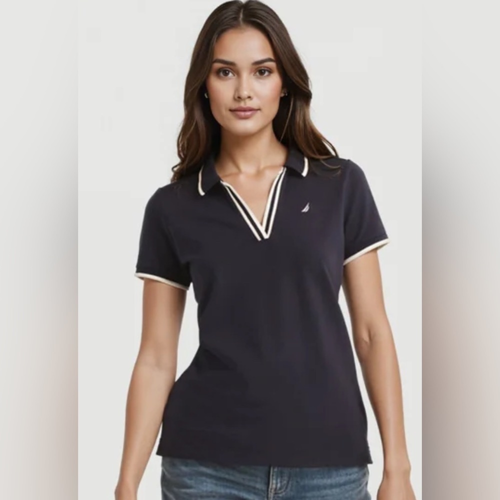 Nautica Women's Navy V-Neck Polo Top with Cream Trim
